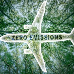 Icon of a commercial airplane with the words 'zero emissions' and a lush forest in the background.